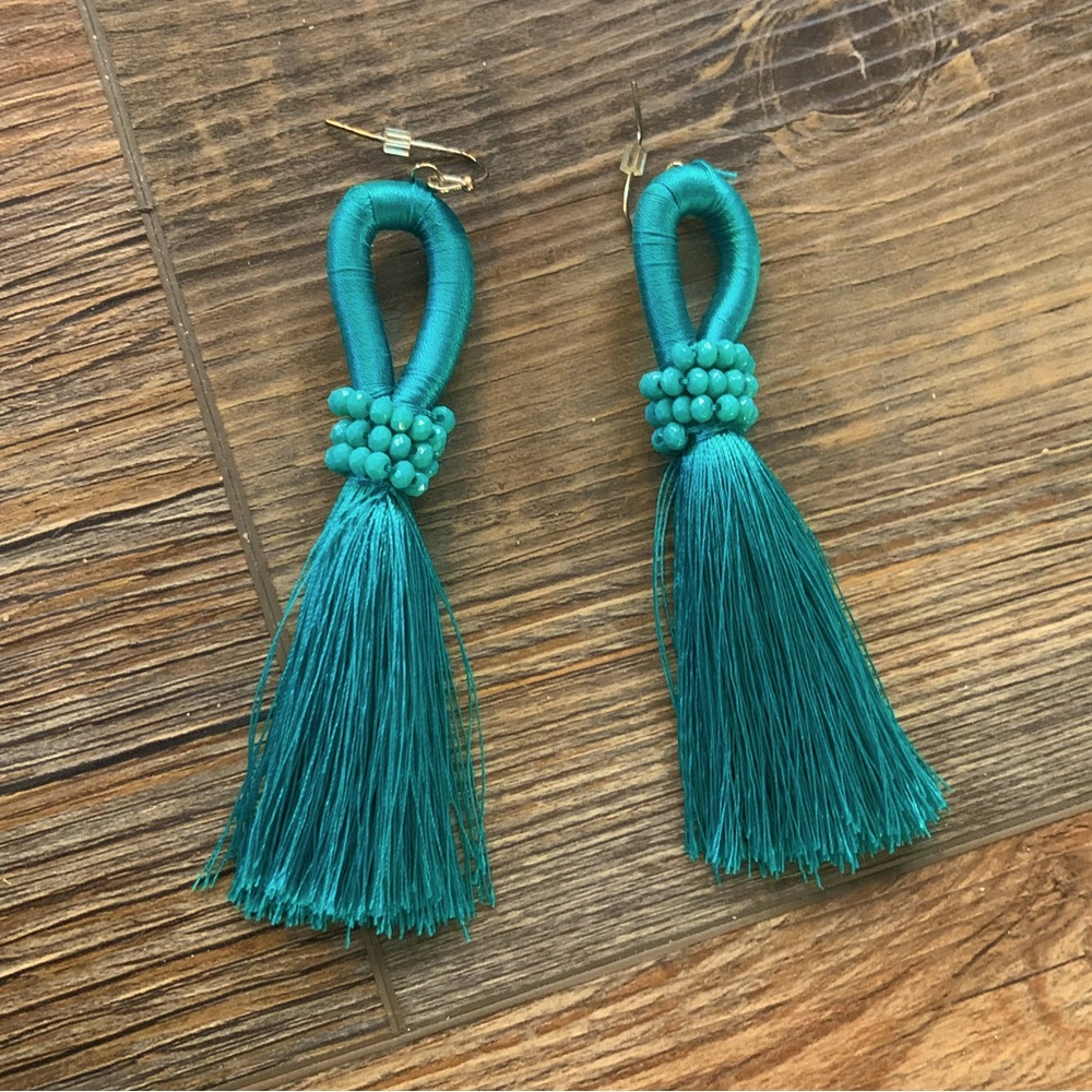 Statement turquoise tassel beaded drop earrings